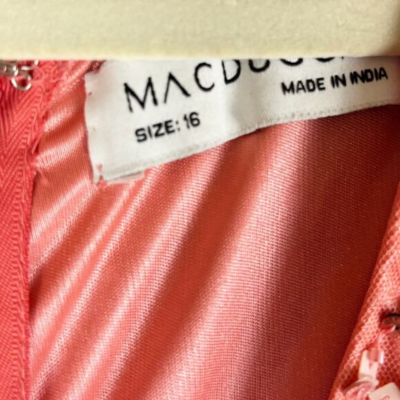 Mac Duggal Sequined Puff Sleeve Wrap Over A Line Dress 16 Coral NWT - Picture 6 of 11